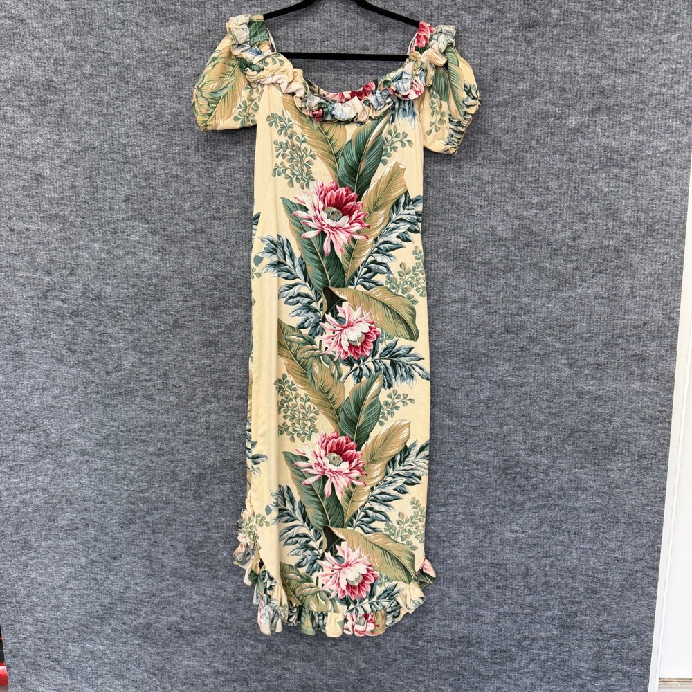 Vintage Lauren Michele Hawaiian Dress Womens Small Yellow Maxi MuuMuu Floral